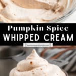 Pumpkin whipped cream in glass bowl with spatula and then piped into tin cup.