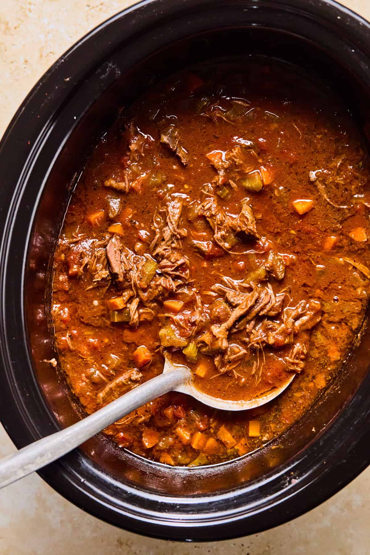 Short rib ragu in crockpot before pasta is added.