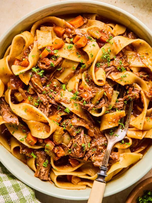 Bowl with short rib ragu tossed with pasta and chopped fresh parsley over top.