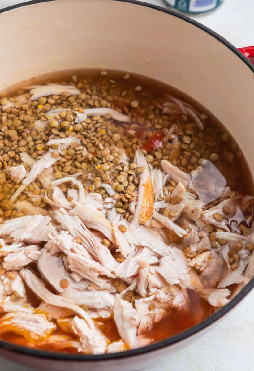 Turkey and lentils added to lentil soup pot.
