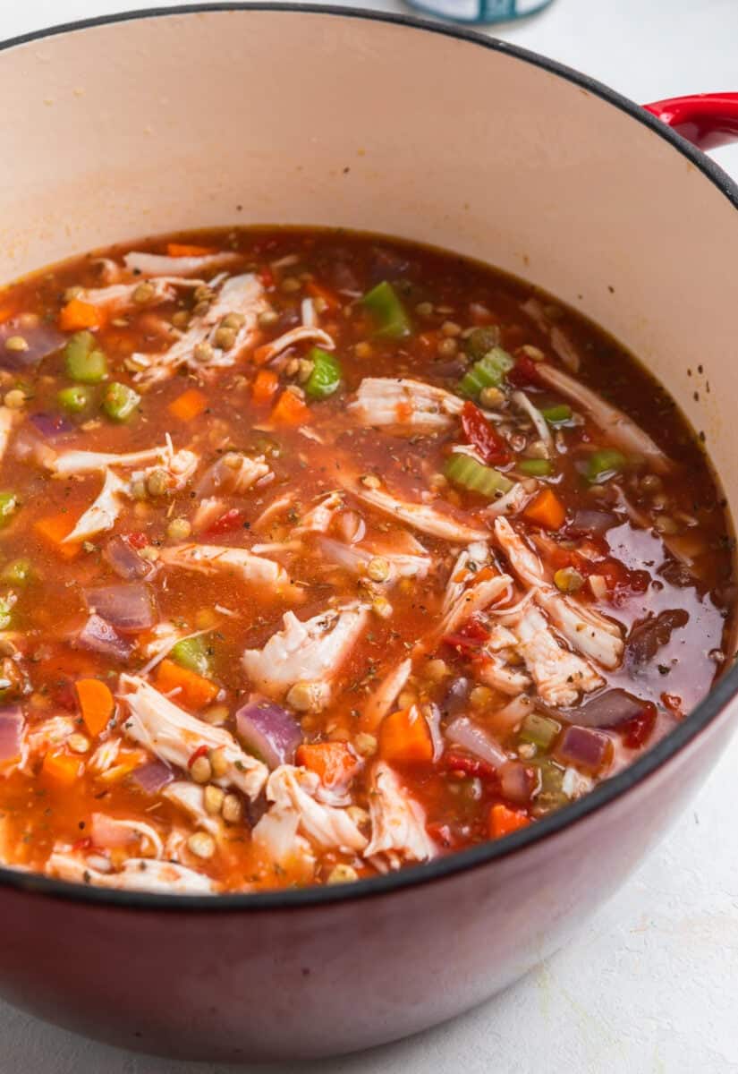 Turkey lentil soup in pot simmering.