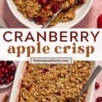Cranberry apple crisp served in white bowl with ice cream and then in baking pan with serving spoon.