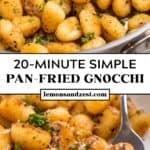 Gnocchi in skillet with parmesan and chopped parsley and then served on plate with fork.