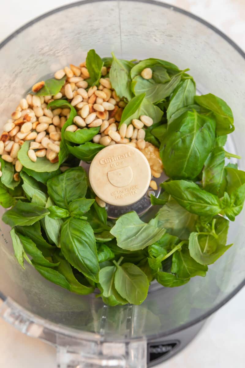Basil, pine nuts, and garlic in food processor.