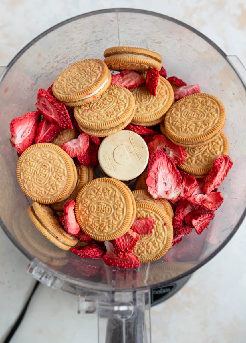 Freeze dried strawberries and golden Oreos in food processor.