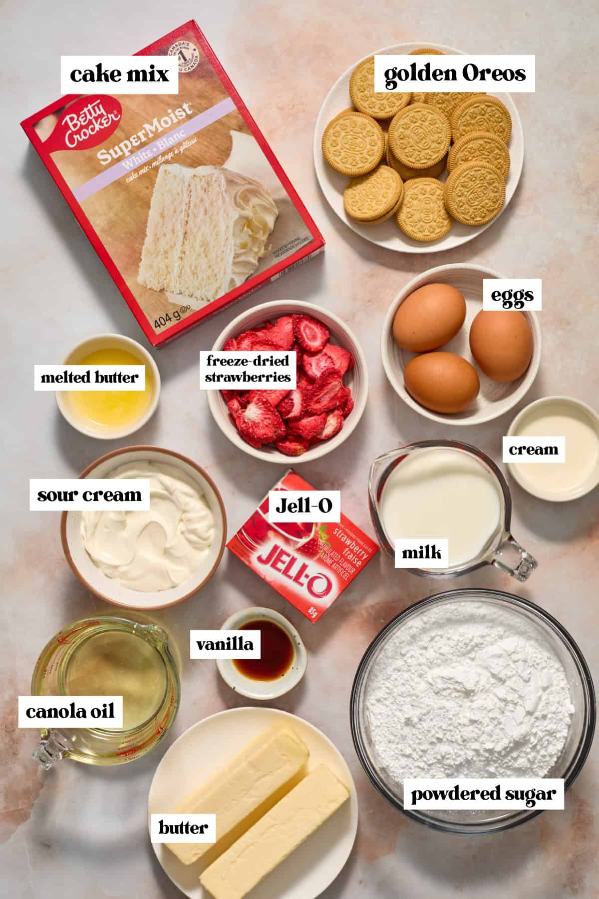Cake mix, Jell-o mix box, butter and other ingredients for recipe.