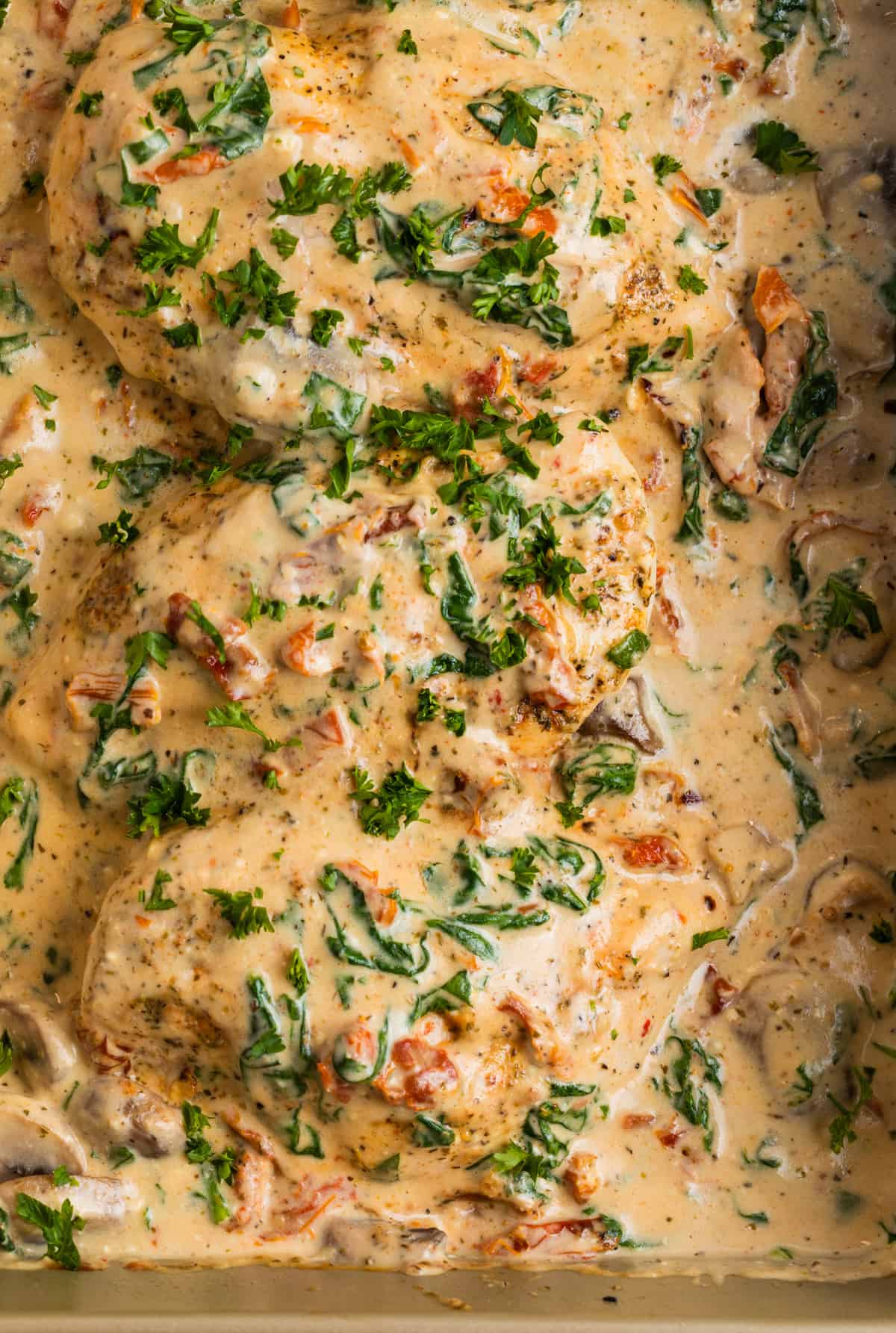Baked chicken with cream sauce over top with mushrooms, spinach, sun-dried tomatoes, and parsley over top.