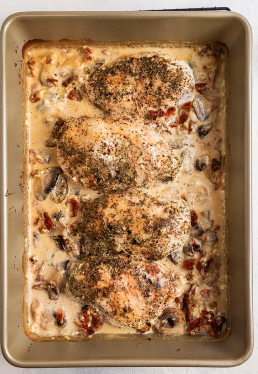 Creamy baked chicken in baking pan.