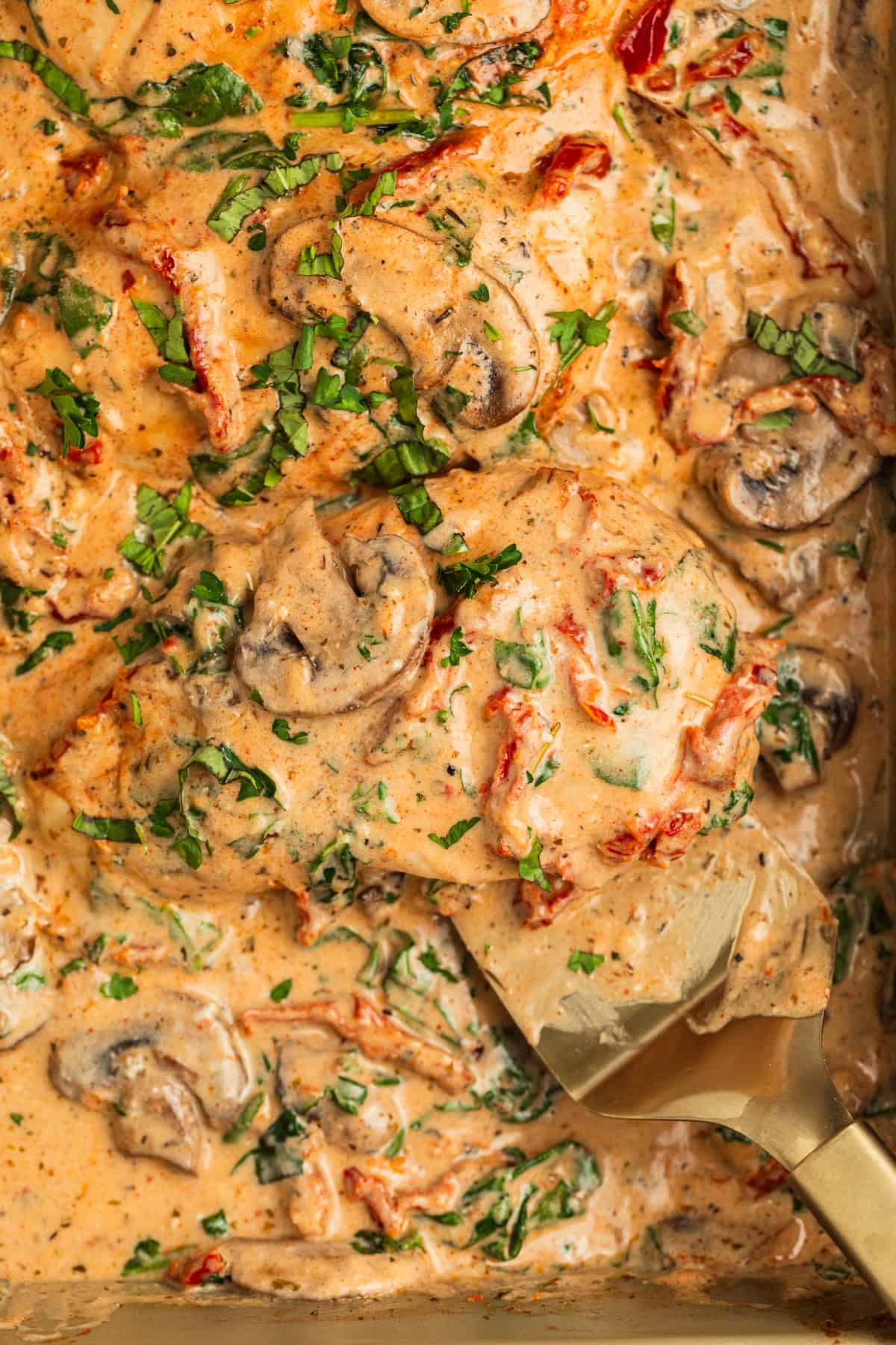 Baked chicken with cream sauce over top with mushrooms, spinach, sun-dried tomatoes, and parsley over top.