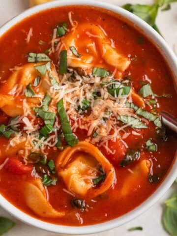 White bowl of tomato tortellini soup topped with fresh parmesan and chopped basil.