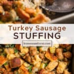 Turkey sausage stuffing in baking pan with serving spoon scooping into it.
