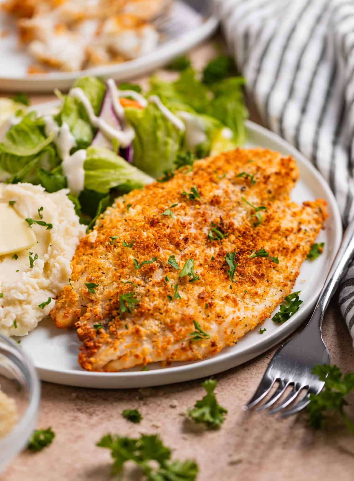 Air fryer parmesan crusted tilapia topped with chopped parsley on plate with salad and mashed potatoes.