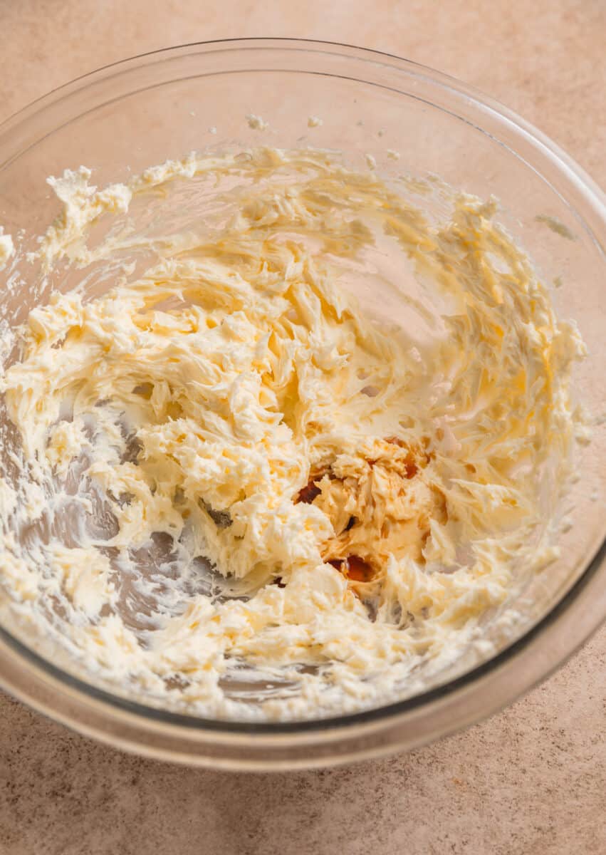 Cream cheese and butter creamed in mixing bowl with vanilla added.