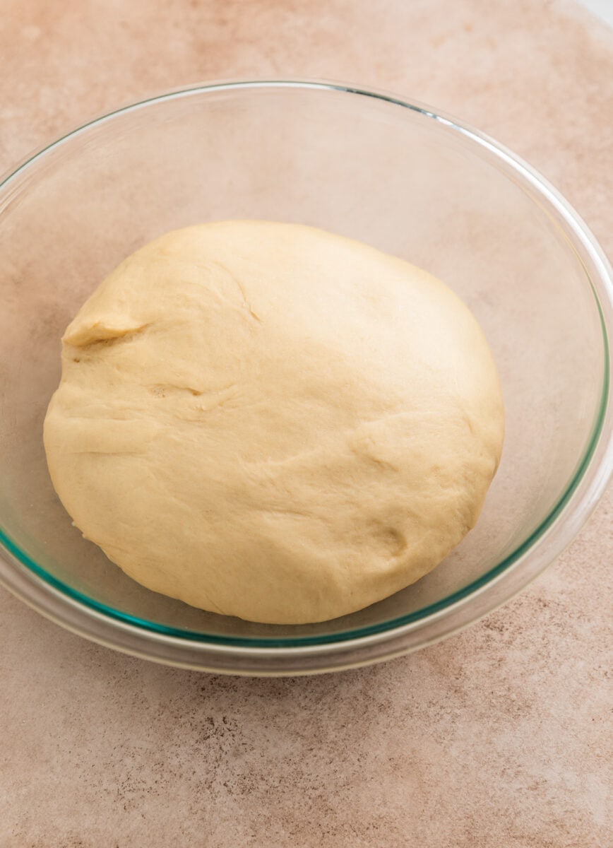 Cinnamon roll dough after rising and doubling in size.