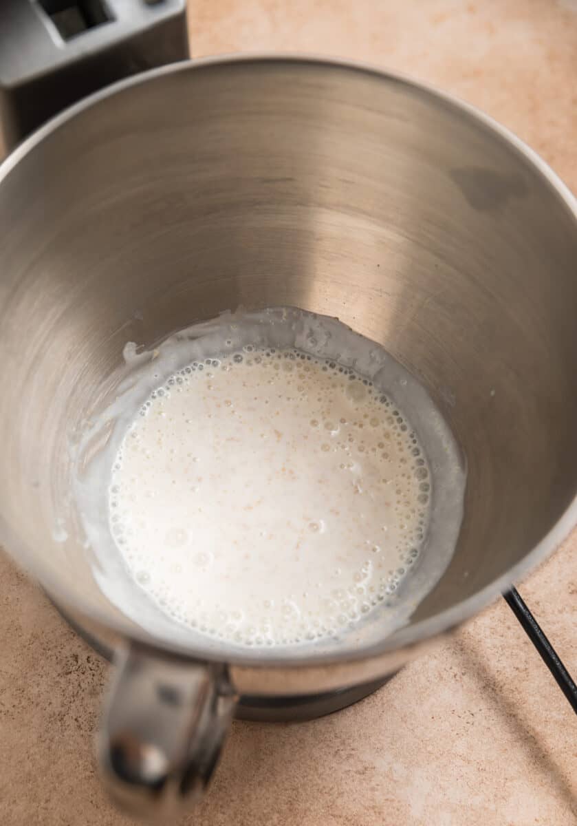 Buttermilk and instant yeast in bowl of standing electric mixer.