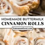 Iced buttermilk cinnamon rolls in pan with metal spatula.
