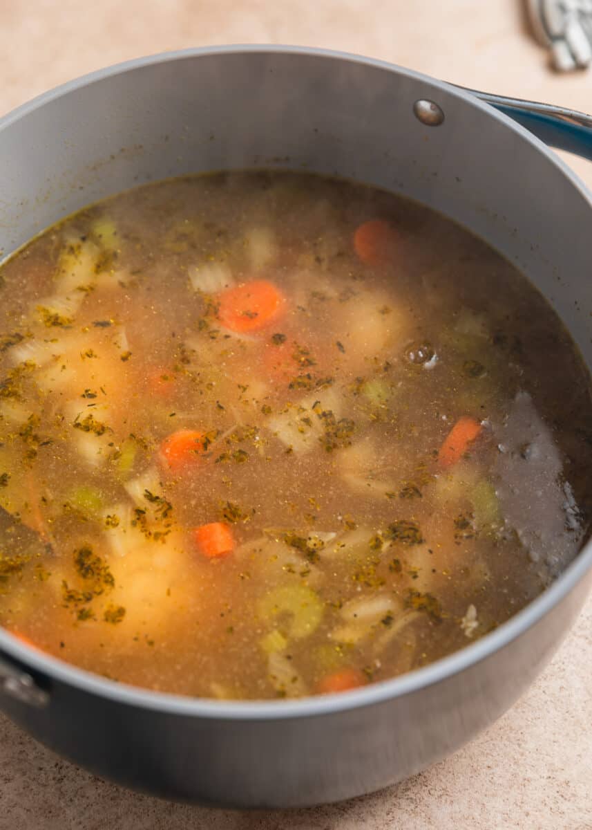 Boiled chicken in broth for soup.