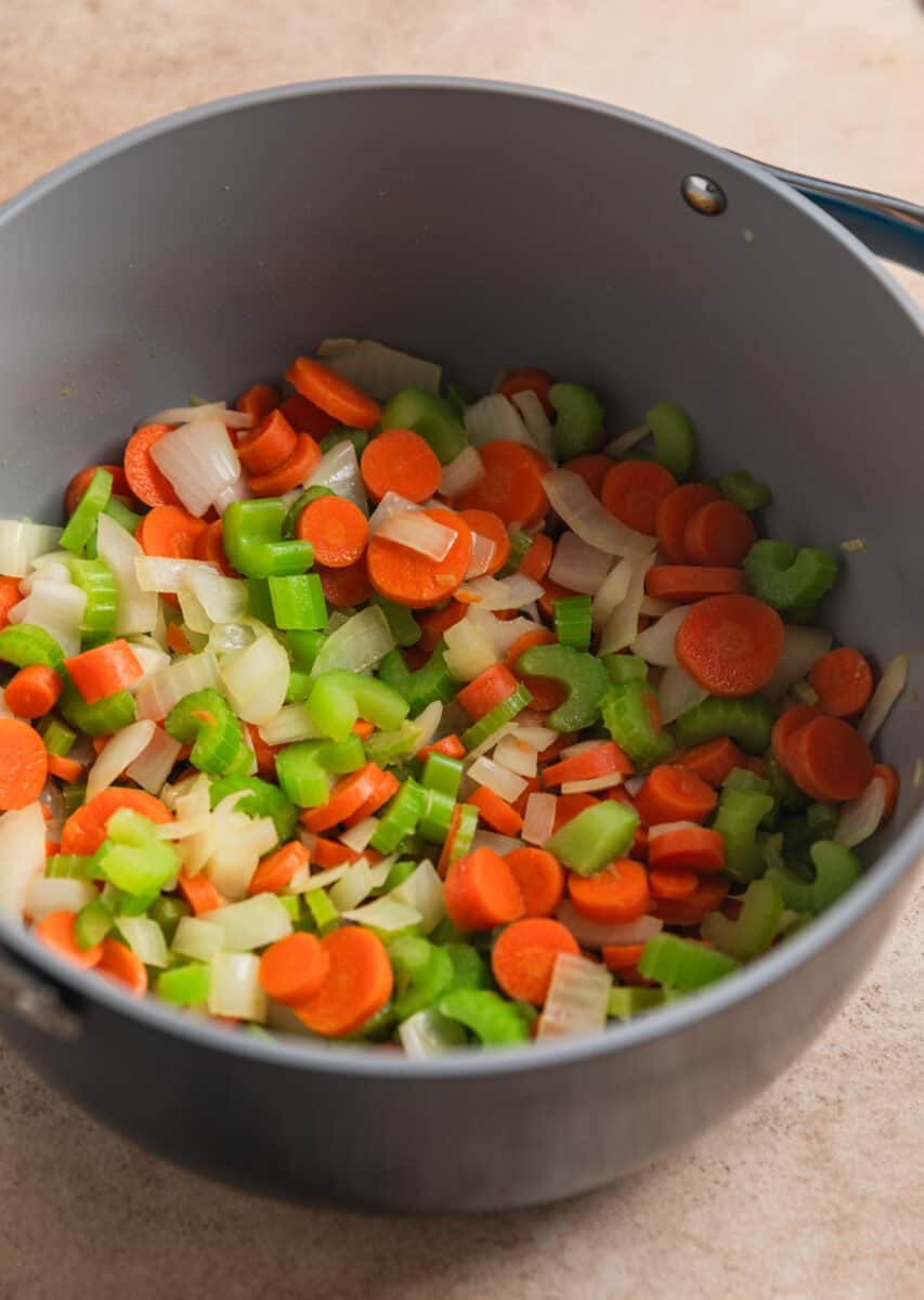 Celery, onion and carrots cooked in stock pot.