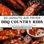Air fryer basket with bbq ribs and then served on pan.