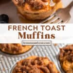 Streusel topped French toast muffin with maple syrup on it with berries and also in muffin tin.