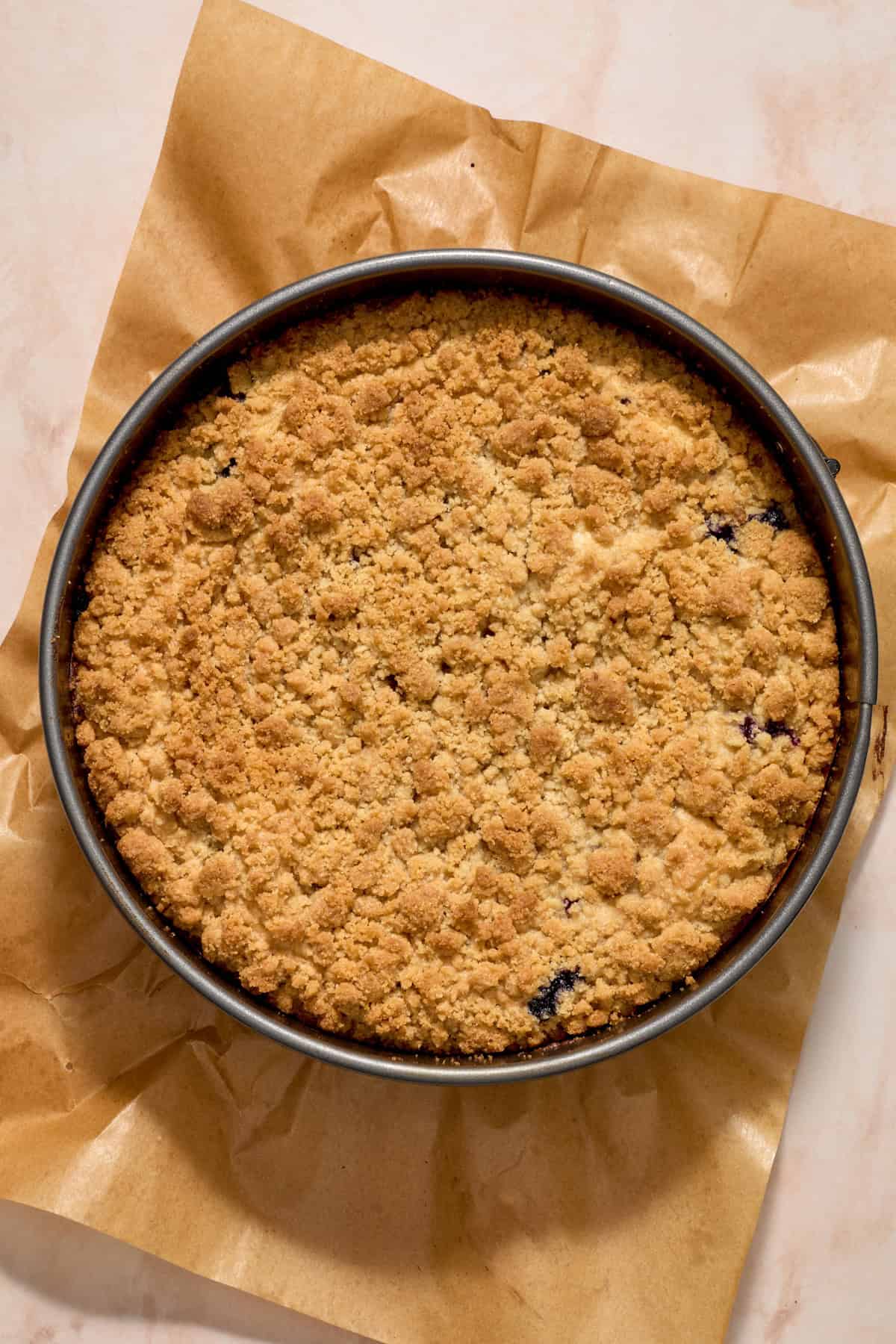 Baked blueberry lemon coffee cake before being iced.
