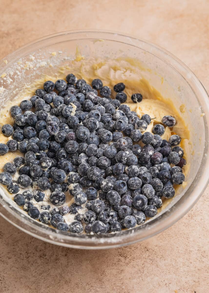 Flour dusted blueberries added to mixing bowl with coffee cake batter.