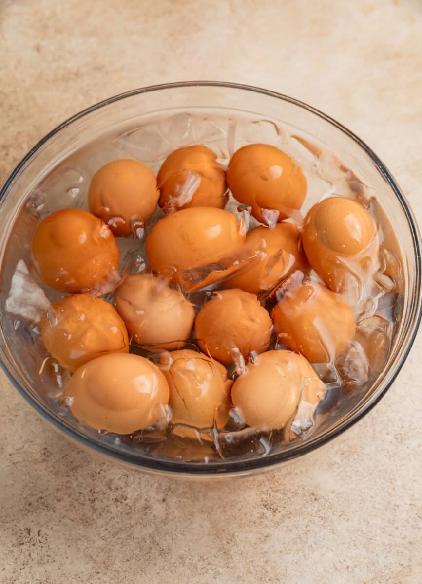 Boiled eggs in ice bath after being hard boiled.