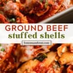 Stuffed Italian shells in pan with ground beef and melted mozzarella and topped with chopped herbs.