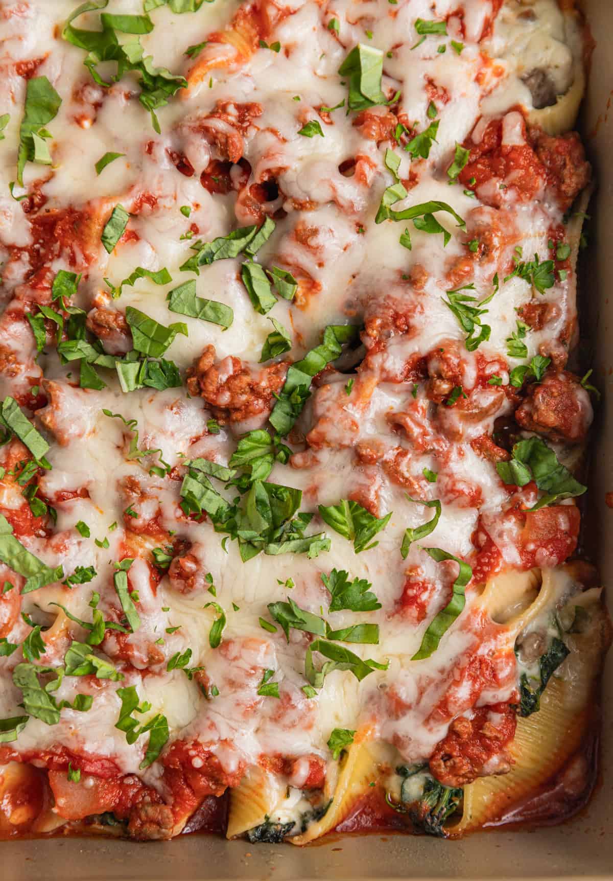 Baked beef stuffed pasta shells in pan topped with freshly chopped herbs.
