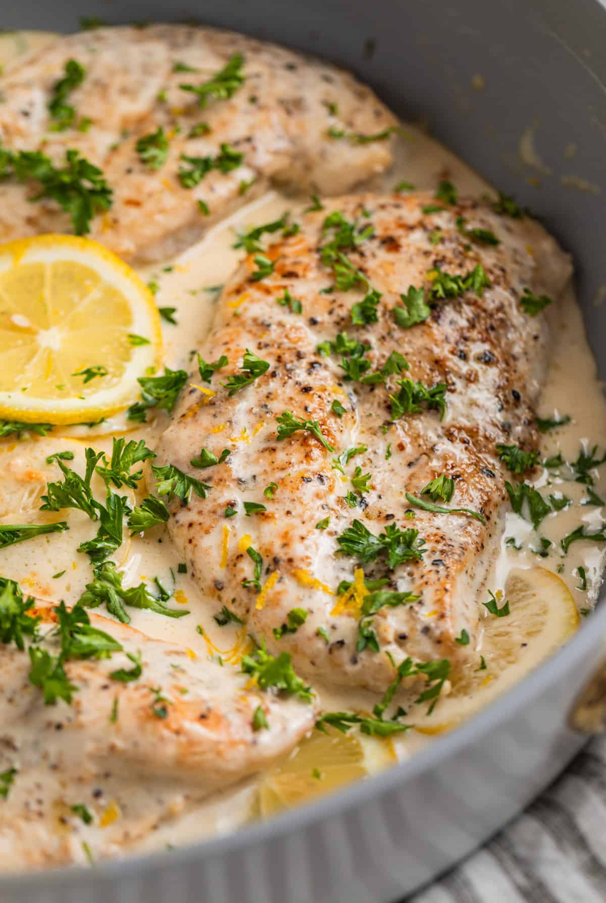 Pan with chicken topped with cream sauce with lemon slices and fresh parsley.