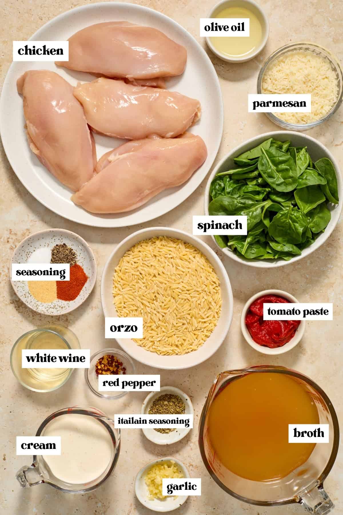 Chicken breast, spinach, broth, garlic and other labeled ingredients on surface.