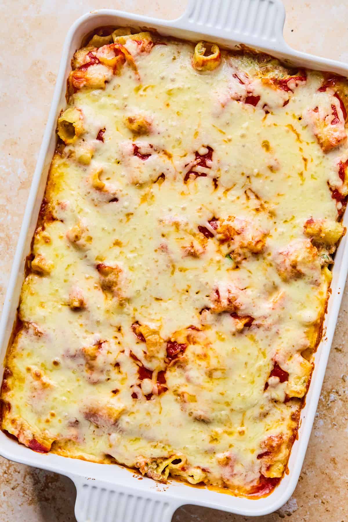 Baking pan with pasta bake cooked.