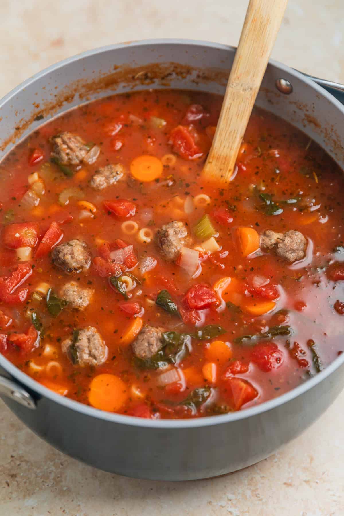 Vegetable meatball pot prepared in bowl and ready to be served.