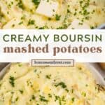 Boursin mashed potatoes in pot and then in serving dish with chopped parsley and chives as well as butter on top.