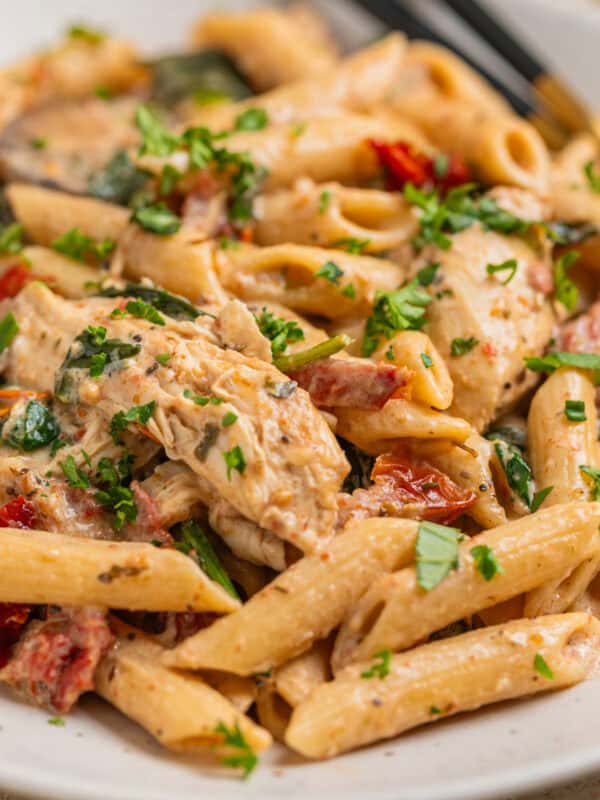 White plate with creamy chicken pasta and fresh herbs on top.