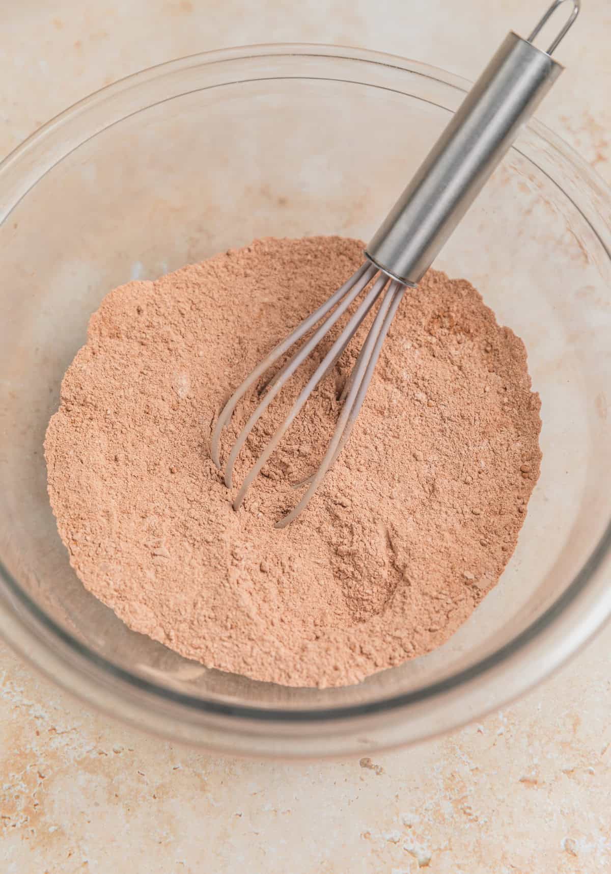 Dry ingredients in bowl whisked together. 