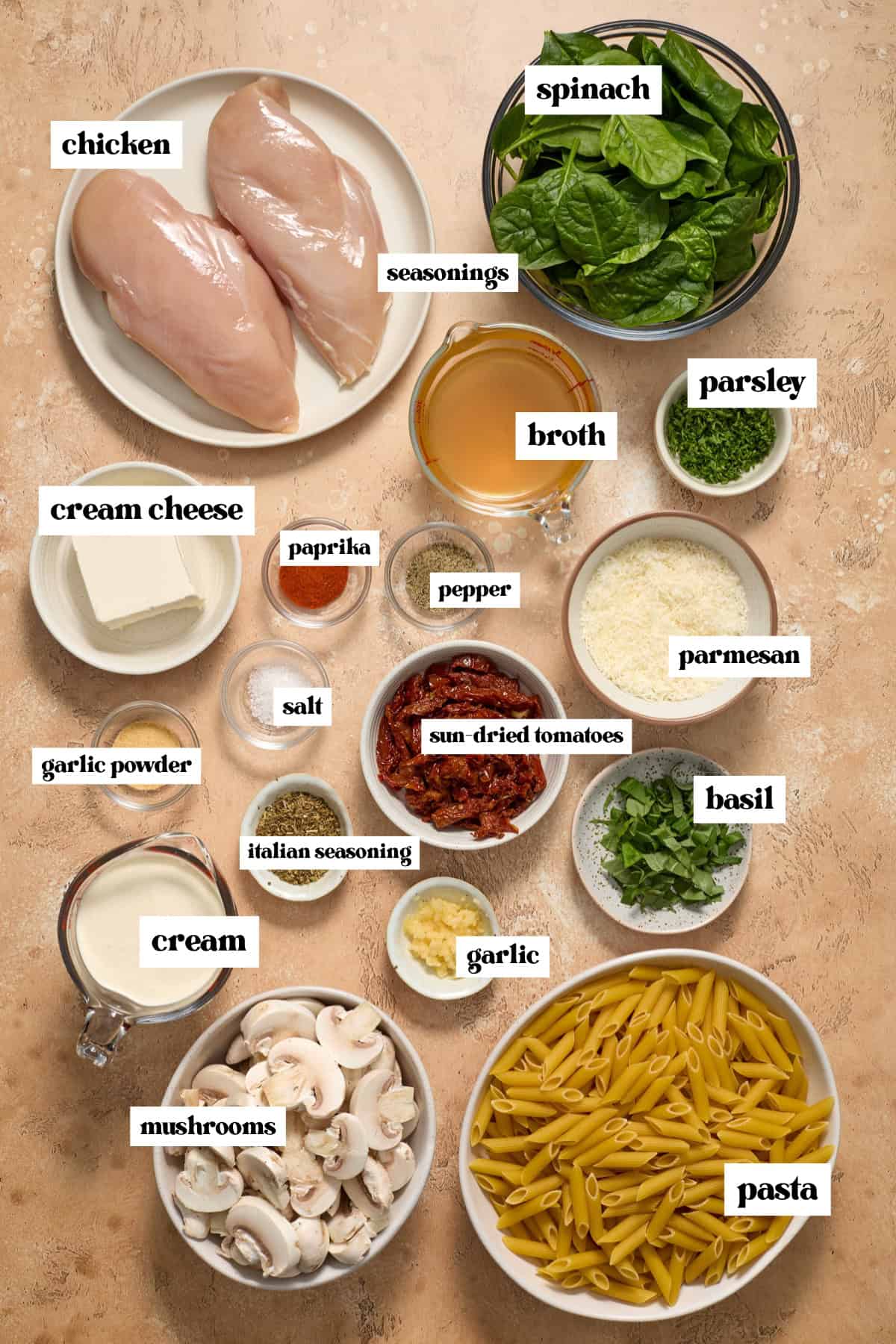 Chicken breast, spinach, mushrooms, parmesan and other labeled ingredients on surface.