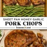 Sheet pan with pork chops, potatoes and green beans and then served on plate with fork.