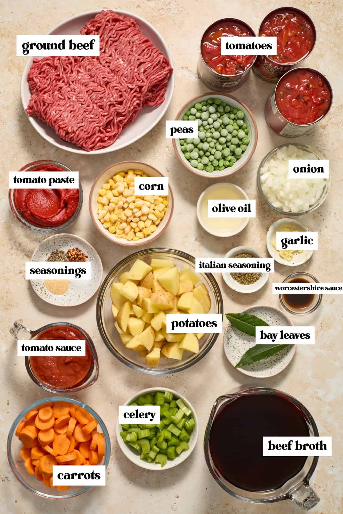 Ground beef, potatoes, carrots, celery and other labeled ingredients.