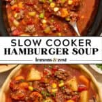 Crockpot with ground beef and veggie soup and then served in bowl with spoon.