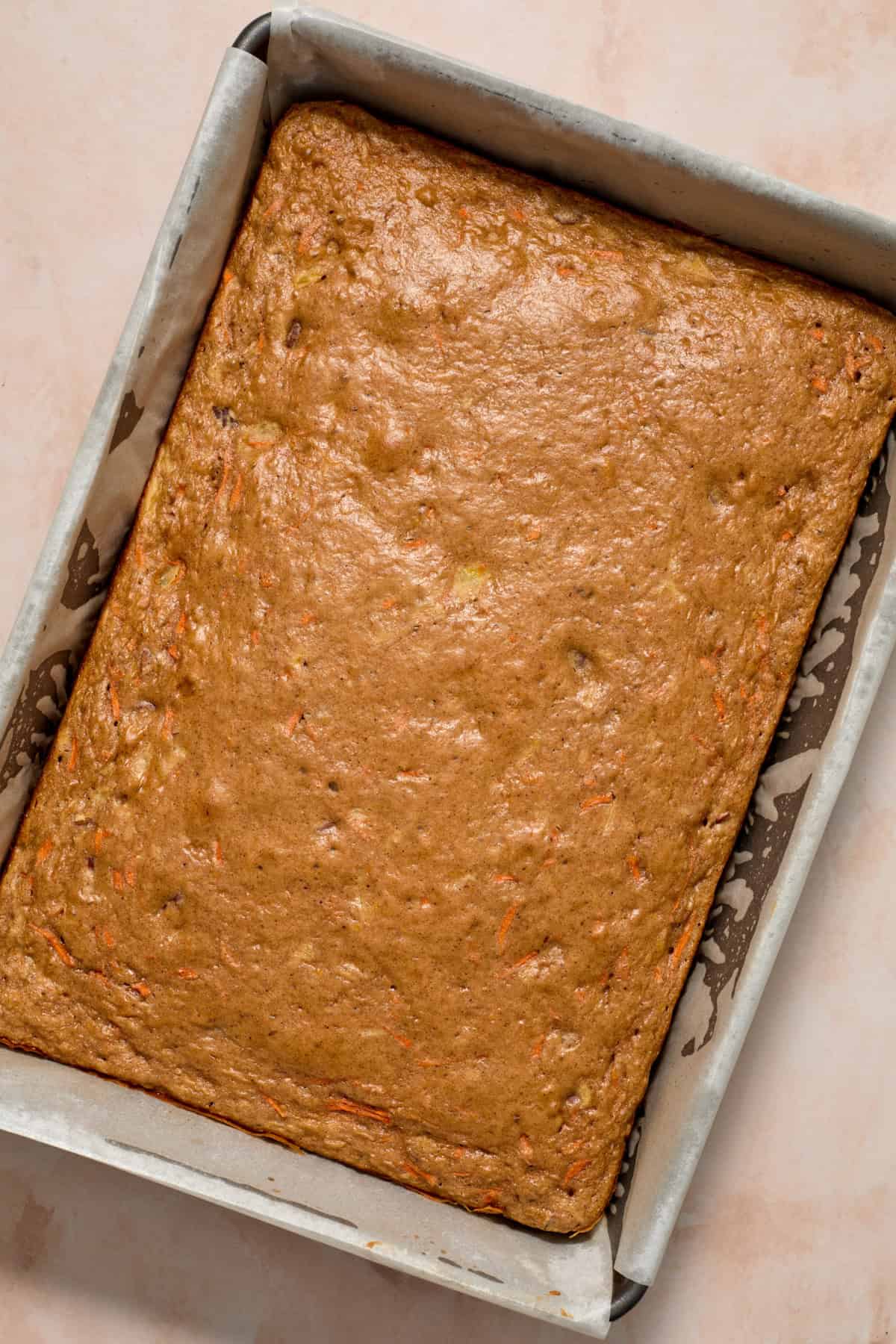 Carrot cake baked in pan.