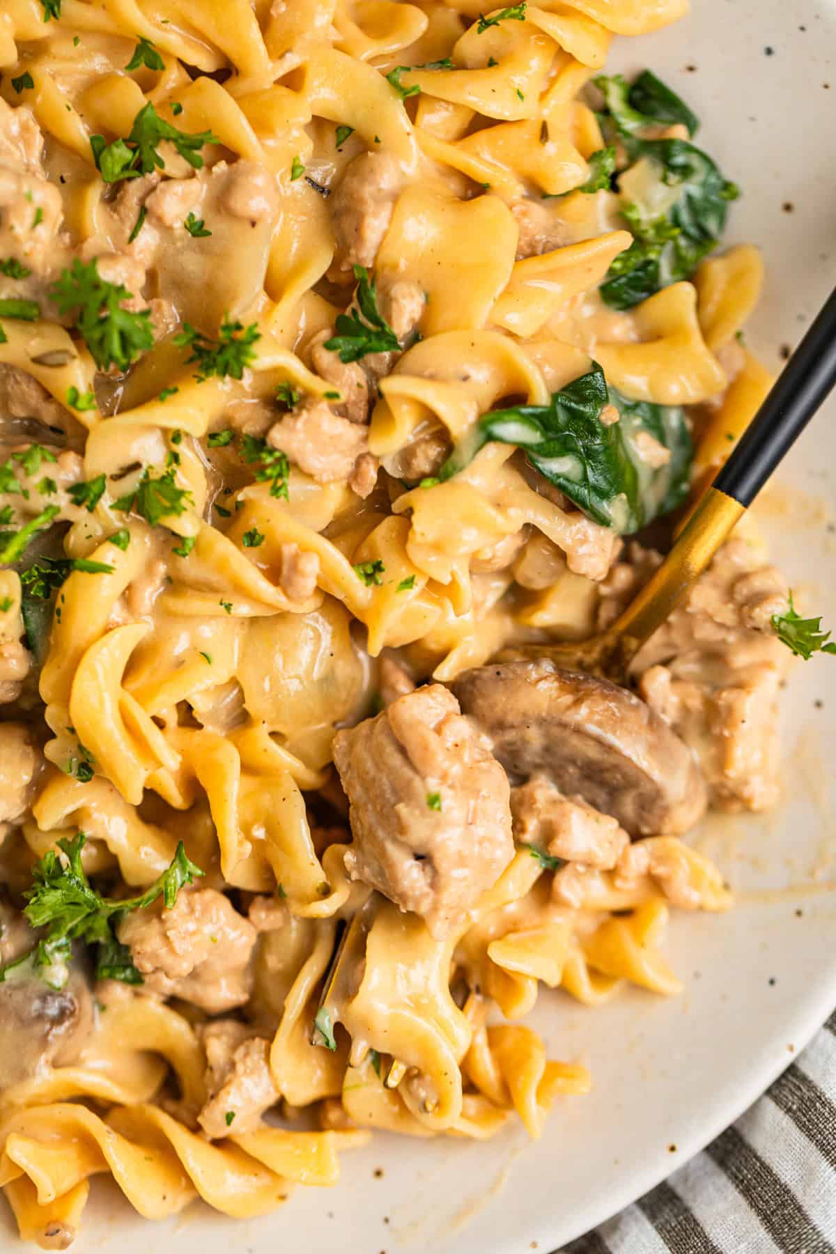 Plate with one pot ground turkey stroganoff served with egg noodles and fork scooping in.
