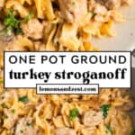 Ground turkey stroganoff on plate with egg noodles topped with parsley and then in skillet with spoon scooping into the pan.