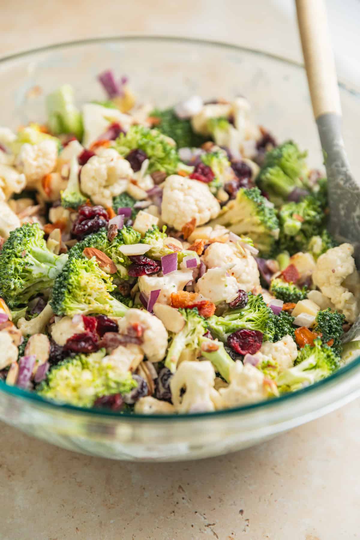 Salad in large mixing bowl with spoon propped in the bowl.
