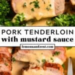 Sliced pork tenderloin on serving dish topped with mustard sauce and chopped fresh parsley.