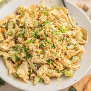 Curry chicken salad on plate with spoon.