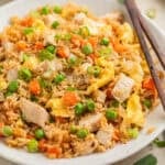 White plate with chicken fried rice topped with sliced scallions.