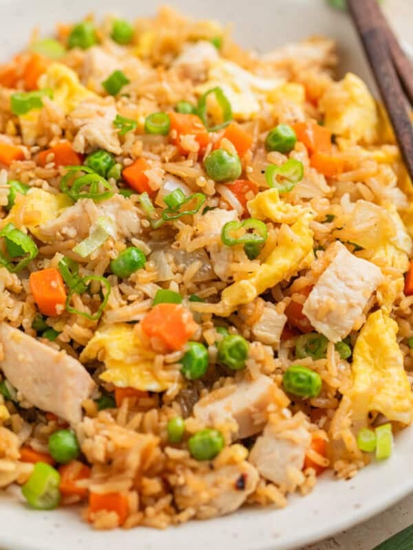 White plate with chicken fried rice topped with sliced scallions.