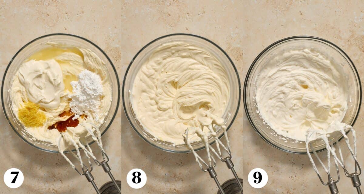 Lemon cheesecake being prepped in bowl and then whipping cream beaten to stiff peaks.