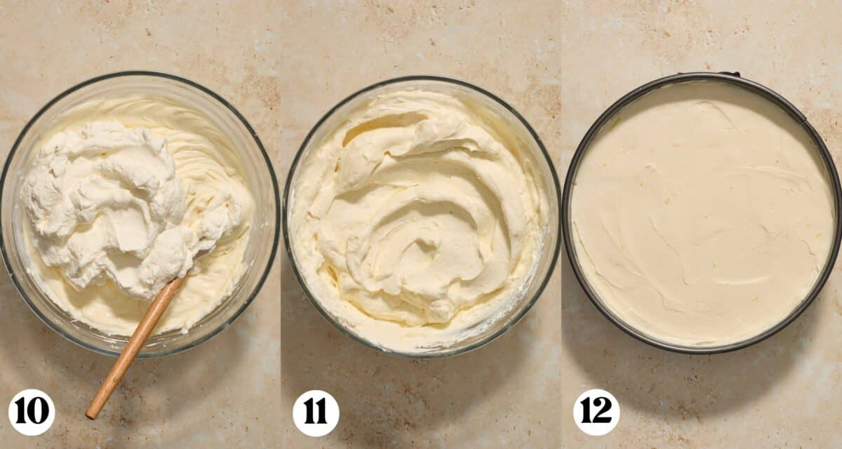 Whipped cream folded into cream cheese mixture and then added to springform pan.